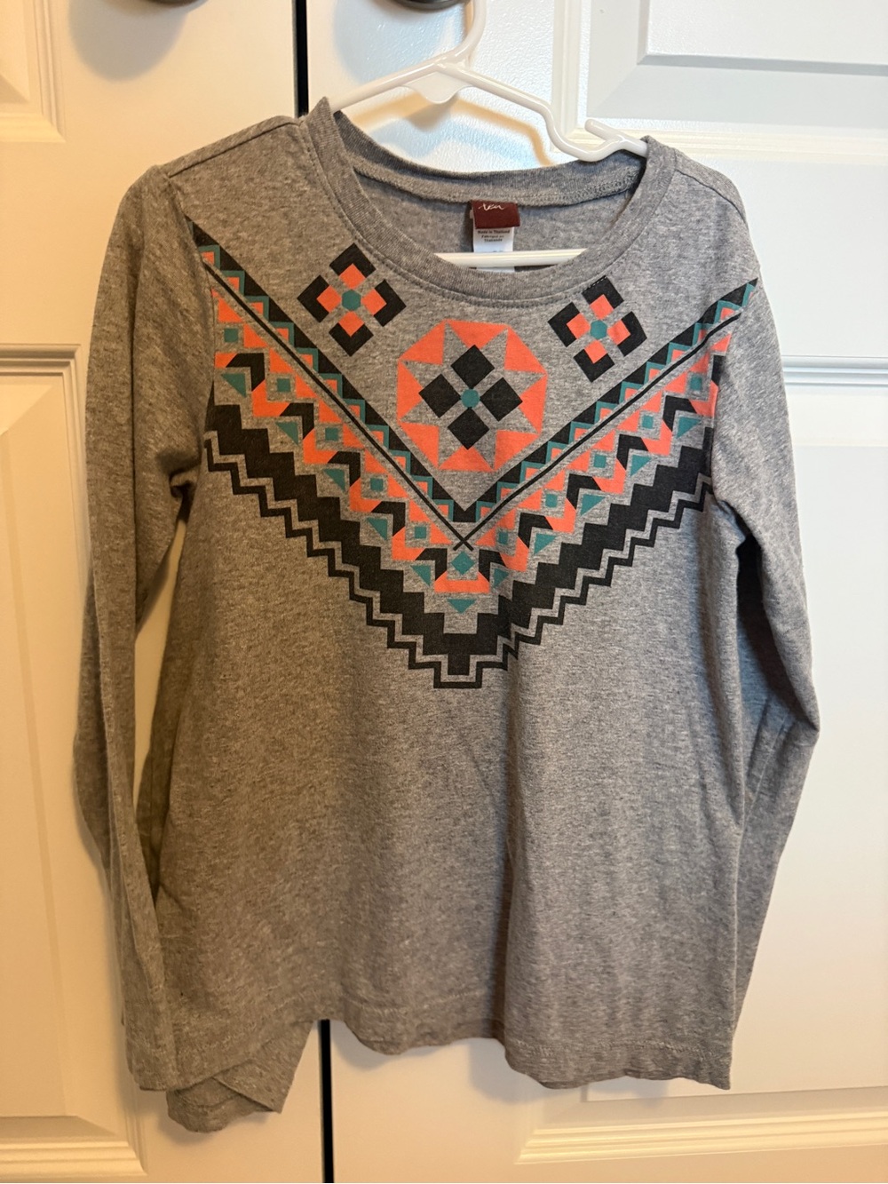 Tea Collection Gray Long Sleeve Tee with Coral & Teal Aztec Print